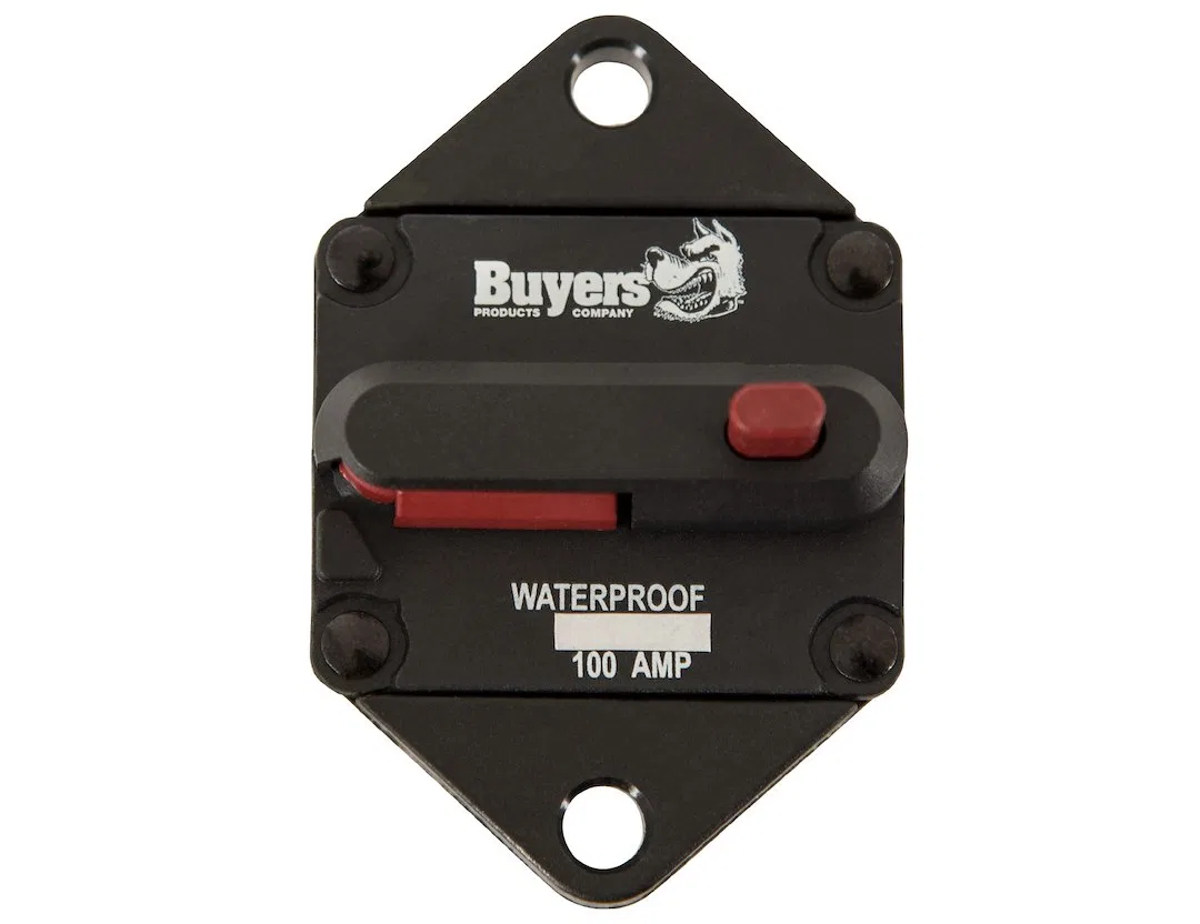 CB102PB – BUYERS PROD Circuit Breaker, 100 Amp Plastic Waterproof Black 42 Volts Max Brass Studs Manual Push-To-Trip ...